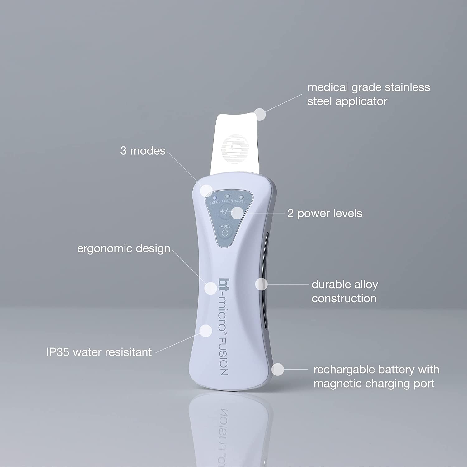Bio-Therapeutic bt-micro fusion Ultrasonic Skin Perfecting Tool 30,000 Hz Oscillation Power, Medical Grade Stainless Steel Applicator, Zinc Alloy Body, IP35 Water Resistant, CE Safety Tested